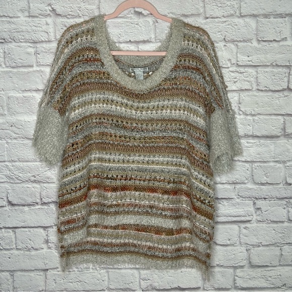 Alberto Makali Soft And Fuzzy Wool Blend Open Knit Metallic Striped Sweater - Picture 2 of 9